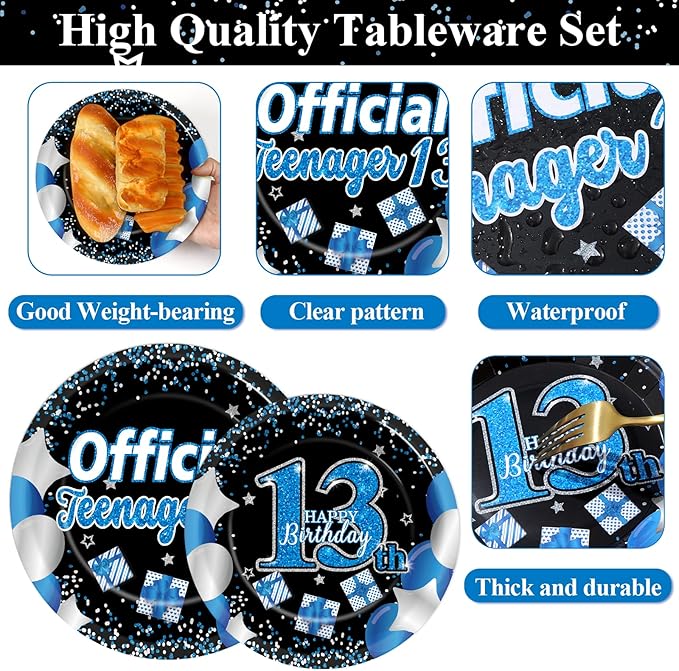 Qyeahkj 100 Pcs 13th Birthday Decorations for Boys Official Teen Supplies Plate Napkin Forks Set Disposable Blue 13th Birthday Tableware Paper Plates Dinnerware for Kids Teenager Favors Serve 25