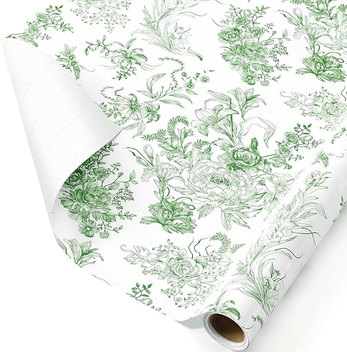 WERNNSAI Green Wrapping Paper Roll - 1 Roll 17”x 33 ft Vintage Floral Wrapping Paper Green Flower Bouquet Gift Wrap for Girls Women Birthday Bridal Shower Wedding Supplies