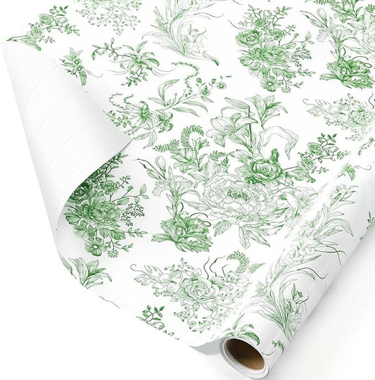 WERNNSAI Green Wrapping Paper Roll - 1 Roll 17”x 33 ft Vintage Floral Wrapping Paper Green Flower Bouquet Gift Wrap for Girls Women Birthday Bridal Shower Wedding Supplies