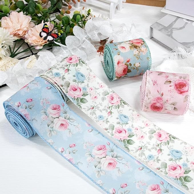 Spring Summer Watercolor Vintage Floral Wired Edge Ribbon, Pink Rose Summer Fabric Ribbon for Wreath, Bow Making, Gift Wrapping & DIY Crafts, 4 Rolls, 20 Yards (Blue-Pink)