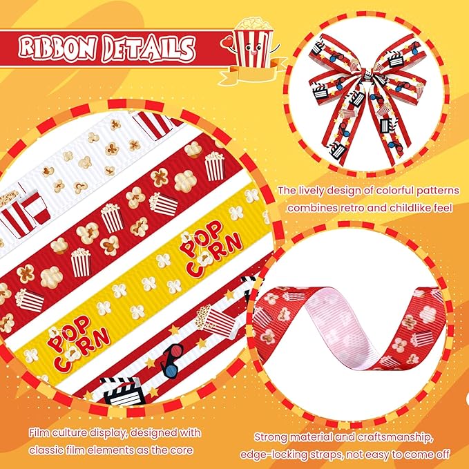 4 Rolls Popcorn Grosgrain Ribbons, 5/8" x 20 Yard Popcorn Printed Ribbon Movie Theater Decor Ribbon Red Yellow Cinema Theme Craft Ribbons for Party Favor Snack Treat Bags Gift Packaging