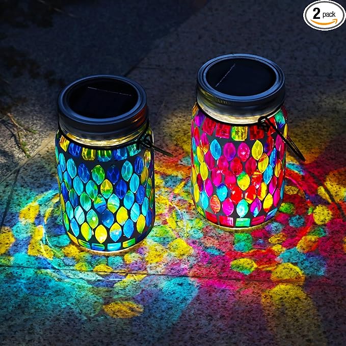 VOREEN Solar Powered Mosaic Mason Jar Lights, Colorful Stained Glass Lanterns for Outdoor Garden Decor, 2 Pack