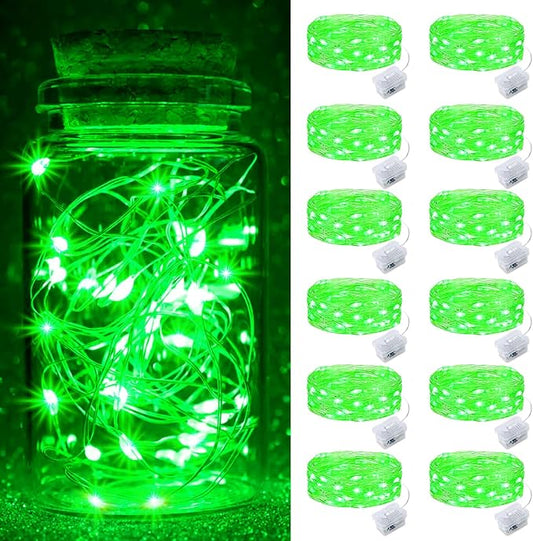 pozzolanas 12 Pack Green Fairy Lights Battery Operated 3 Modes 7FT 20 LED Waterproof String Lights Twinkle Silver Wire for Mason Jars Wedding Christmas Halloween Party Decor (12, Green)