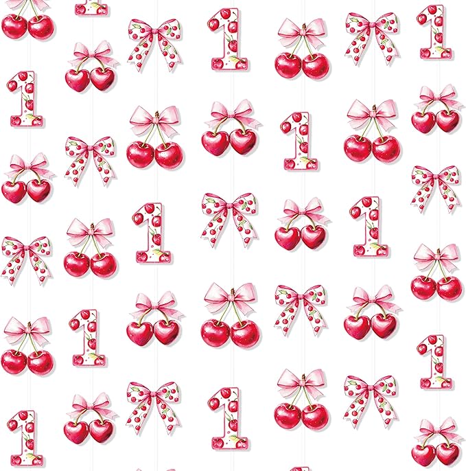 Cherry 1st Birthday Decorations Sweet Floral Cherries Pink Bow Hanging Streamer Garland Banner for Happy First Birthday Baby One Year Bday 1st Wedding Anniversary Party Decorations Supplies