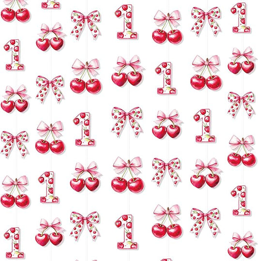 Cherry 1st Birthday Decorations Sweet Floral Cherries Pink Bow Hanging Streamer Garland Banner for Happy First Birthday Baby One Year Bday 1st Wedding Anniversary Party Decorations Supplies