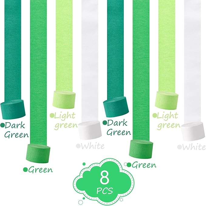 Green Streamers Party Decorations, 8 Rolls 656ft Green and White Crepe Paper Streamers for St. Patrick's Day Decorations Jungle Decorations Birthday Spring Forest Baby Shower Wedding Party Supplies