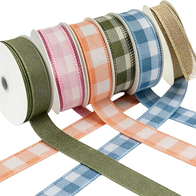 Meseey 1 Inch Plaid & Burlap Wired Ribbon, 6 Rolls Total 30 Yards, Buffalo Check Ribbon for Gift Wrapping, Wreath Making, Crafts, Floral Arrangements, Holiday Decor