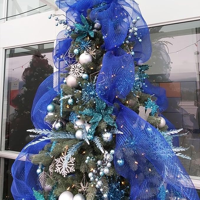 5 Rolls Christmas Mesh Ribbon for Wreath, 10 Inch x 30FT Per Roll Metallic Foil Deco Mesh Rolls White Blue Royal Blue Navy Decorative Mesh for Summer Wreath Christmas Tree Home Party Decor