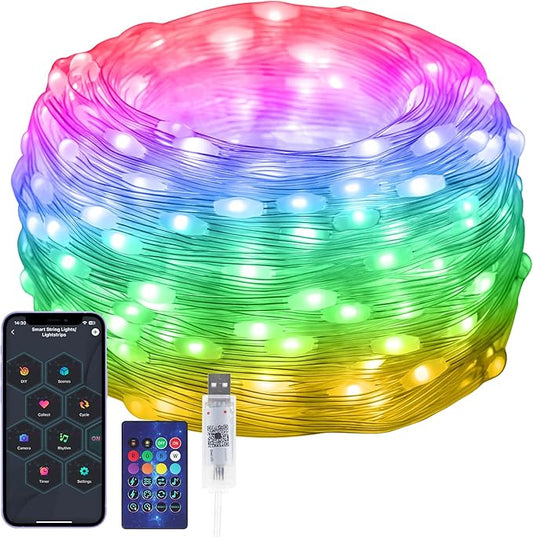 100 LEDs RGB Smart IC Fairy Lights, [APP & Remote Control] 33FT/10M Multicolor String Lights Indoor, USB Powered & IP65 Waterproof, Christmas Light Decoration for Outdoor, Christmas, Bedroom