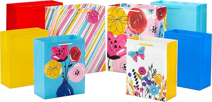 Hallmark Assorted All Occasion Gift Bags (8 Bags: 4 Medium 9", 4 Large 13") Flowers, Butterfly, Stripes, Solids for Easter, Birthdays, Bridal Showers, Mother's Day