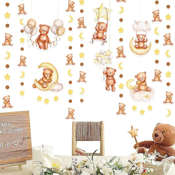 Teddy Bear Party Decorations Cream Tan Brown Boho Star Moon Bear Hanging Cutout Garland Streamer for We Can Bearly Wait Baby Shower Birthday Party Supplies Classroom Nursery Wall Ceiling Decor