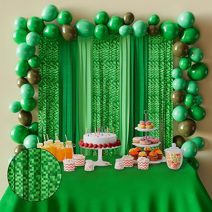 Green Crepe Paper Streamers Party Decorations 12 Rolls 984ft Green Pixel Miner Crepe Paper Streamers for Mining Gaming Theme Party Baby Shower Graduation Wedding DIY Backdrop 1.8 Inch x 82 Ft/Roll