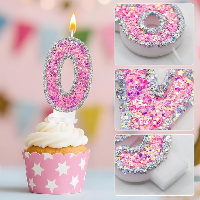 Number 0 Birthday Candle for Cake – Silver Glitter Edge with Pink Star Confetti – Decorative Number Cake Topper for Anniversary & Celebration Party Decor
