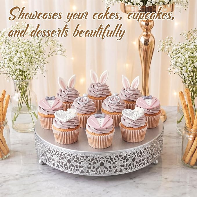 Wenqik 12 Inch Silver Cake Stand Set Metal Round Cupcake Dessert Stand with Cake Cutting, Spatula Wedding Cupcake Pastry Display Candy Holder Display for Wedding Party Birthday Baby Shower(Classic)