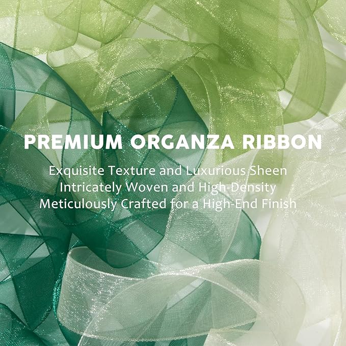 Sheer Organza Ribbon - Cream & Emerald Green, 1 Inch x 75 Yds - Clear Tulle for Gift Wrapping, Wedding, Christmas, Flowers & Crafts