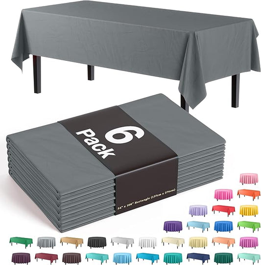 Exquisite Party Solids 6-Pack Premium Plastic Tablecloth 54in. x 108in. Rectangle Plastic Table Cover - Silver
