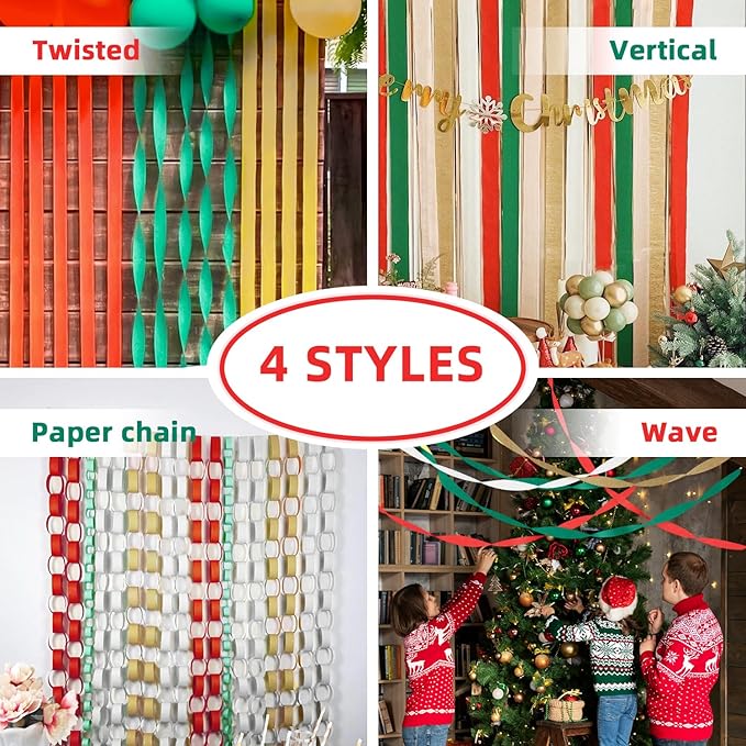 PIGETALE Crepe Paper Streamers 8 Rolls 656ft, Pack of Green, Red, Gold, White Party Streamers for Christmas Decorations, Streamers Party Decorations, Holiday Decorations Indoor (1.8 Inch x 82 Ft/Roll)