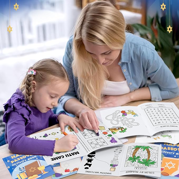 Passover Activity Books for Kids - 24Pcs Happy Passover Mini Games Coloring Book Set Bulk Mazes Word Search Word Scramble Games for Jewish Pesach Seder Holiday Party Classroom DIY Art Gifts Favors