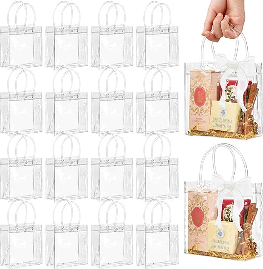 Jutieuo 16 PCS Clear Gift Bags with Handles, 5.9 x 6.3 x 2.8 Inches Reusable Plastic Goodie Bag Transparent Party Favor Bags Bulk for Weddings Birthdays Events, Classrooms & Celebrations