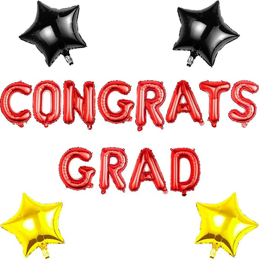 Graduation Balloons Set - CONGRATS GRAD Red Foil Letter Balloons with Star Decorations - Perfect Graduation Gift for 2026 Graduates - Party Decoration Kit