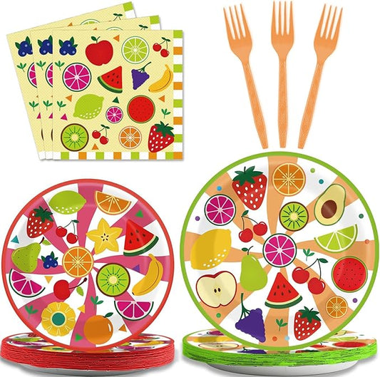chiazllta 96 Pcs Fruits Paper Plates Tutti Summer Fruit Birthday Party Decorations Disposable Fruit Tableware Party Supplies Favors for 24 Guests