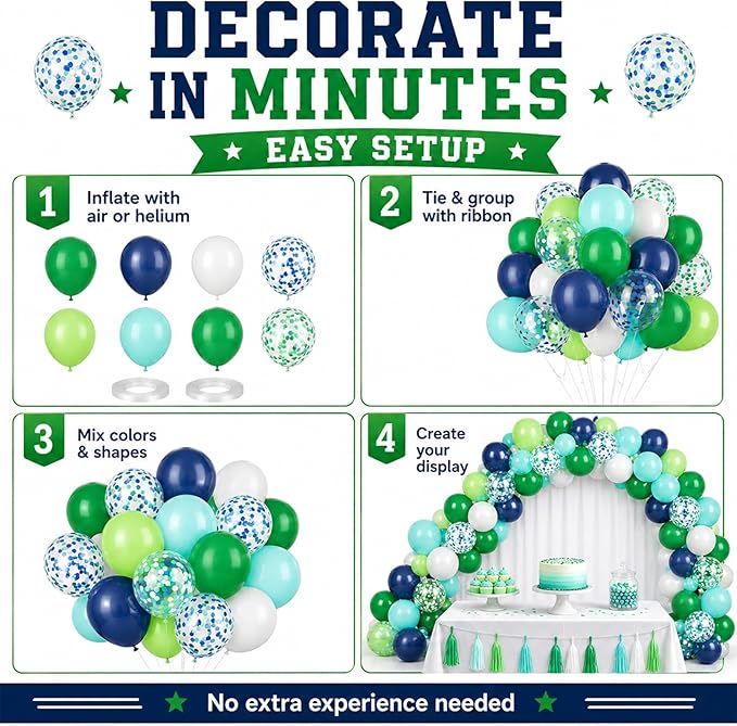 Blue and Green Balloons 60PCS Green and Blue Balloon Set, 12 Inch White Metallic Confetti Latex Balloon for Jungle Dinosaur Kids Boys Birthday Baby Shower Wedding Graduation Party Decor