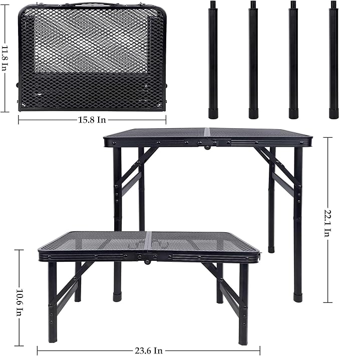 FORUP Small Folding Table, Camping Table with Mesh Desktop, Portable Picnic Table with Carry Handle, Height Adjustable Portable Grill Table for Outside Inside Use