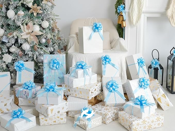 HUIHUANG Blue Bows for Gift Wrapping 12 PCS Baby Blue Pull Bows 4 inch Satin Gift Bow for Presents, Gift Basket, Paper Bag, Baby Shower Favors, Wrapping Accessories, Wedding Holiday Decor