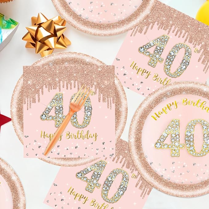 60 PCS 40th Birthday Decorations for Women, 40th Birthday Plates and Napkins Rose Gold Disposable Tableware Set Party Supplies for Women Cheers to 40 Years Anniversary (40TH)