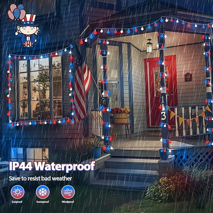 Connectable Red White and Blue String Lights Outdoor Indoor, 42FT 100LED 4th of July Decorations Plug in with Timer, 13 Modes Patriotic Globe Waterproof Fairy Lights for Independence Day Memorial Day