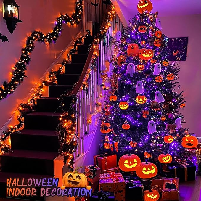 JMEXSUSS Halloween Decoration Lights, 200 LED Orange Purple Halloween Lights Clear Wire, 11 Modes Connectable Halloween String Lights Indoor Outdoor Plug in for Halloween Tree Decorations