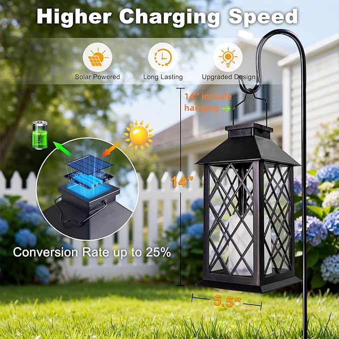 [2 Pack] TAKE ME Black 14" Solar Lanterns Outdoor Waterproof Garden Lanterns LED Candle Lights for Garden Outdoor Decor Mothers Day Gifts
