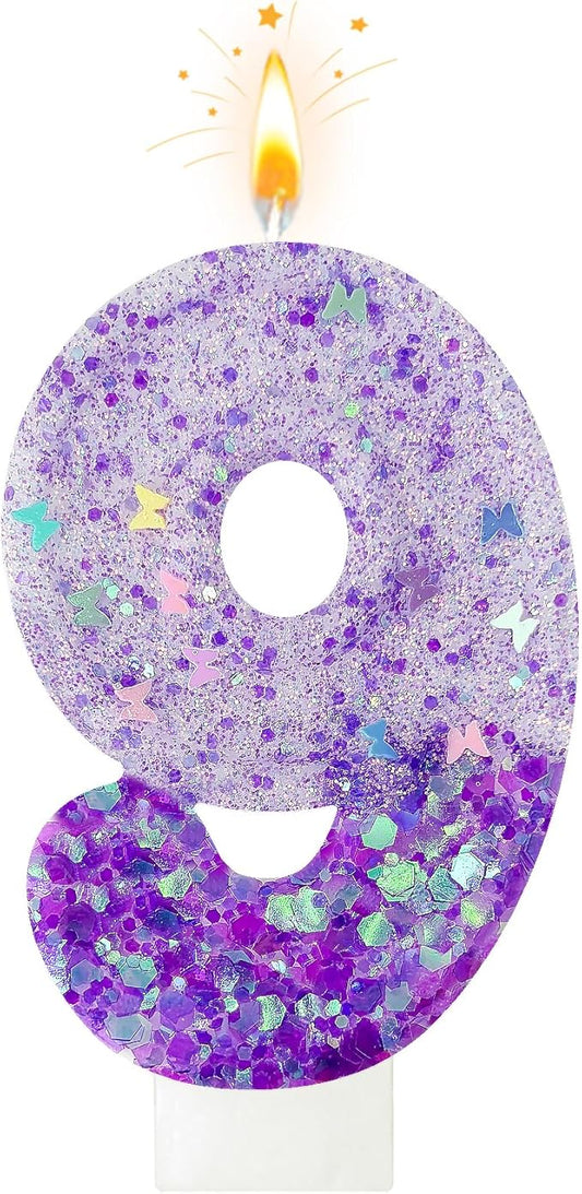 Purple Sequin Birthday Candles, Cake Number Candles, Girls 0th Birthday Decorations, Suitable for Birthday Parties, Anniversary Party Decorations(9)