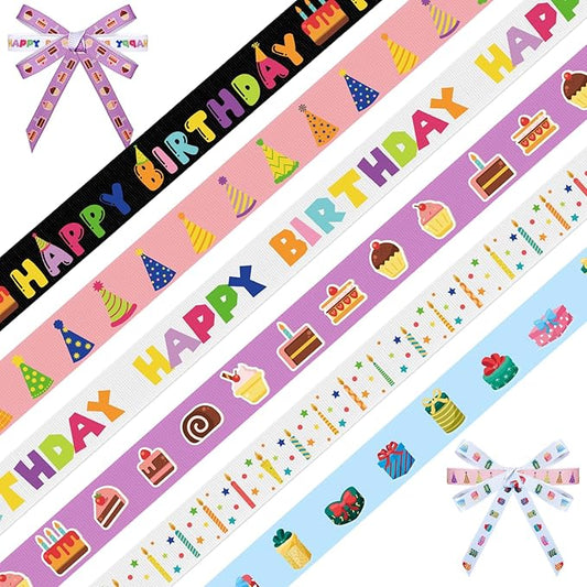 6 Roll Happy Birthday Birthday Ribbon Set, 3/8 Inch x 30 Yards Grosgrain Decorative Ribbons, Candle Cake Gift Pattern Colorful Ribbons for Gift Wrapping Birthday Baby Shower Decoration