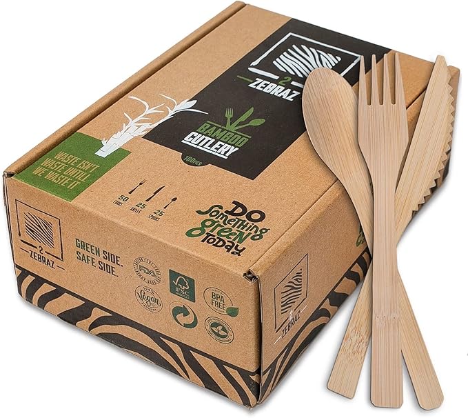 Bamboo Cutlery Set 100 Piece - 50 Forks 25 Knives 25 Spoons - Heavy Duty Disposable Utensils Silverware for Parties Weddings BBQ Camping - Reusable Natural Flatware - 2ZEBRAZ