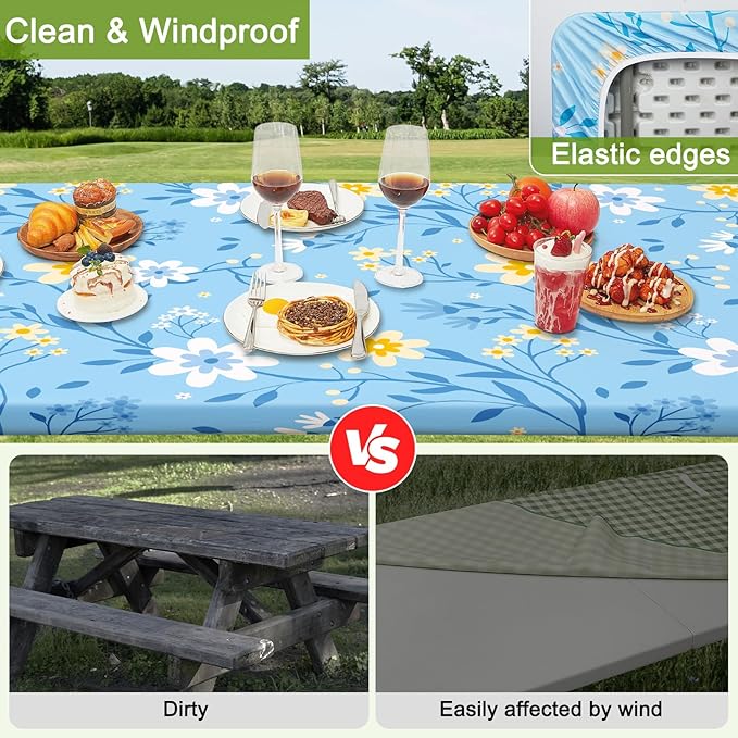 Picnic Table Cover with Bench Covers Portable Table Cloth Built-in Storage Pocket Fitted Tablecloth with Elastic Edges Waterproof Camping Essentials for Indoor Outdoor Rv,72in,Light Blue