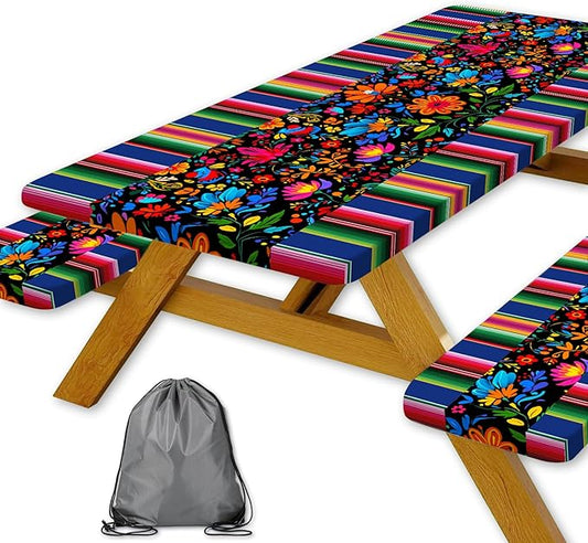 Mexico Picnic Table Cover with Bench Covers and Bag, Camping Essentials, Cinco De Mayo Fiesta Stripes Fitted Table Cover, 6ft Outdoor Tablecloth Waterproof Windproof with Elastic Edge 3 PCS 30x96 Inch