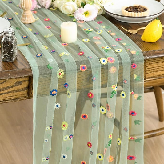 Artoid Mode 3PCS Sage Green Embroidery Daisy Gauze Table Runner 120 Inch 10FT, Seasonal Sheer Dining Holiday Wedding Birthday Table Decor for Home Party