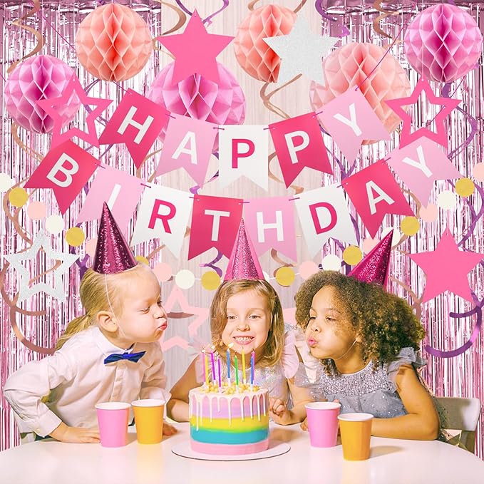 ZERODECO Birthday Decorations, Happy Birthday Banner with Paper Honeycomb, Star Hanging Swirl, Fringe Curtain, Garland, Birthday Party Decorations for Women Girls (Pink)