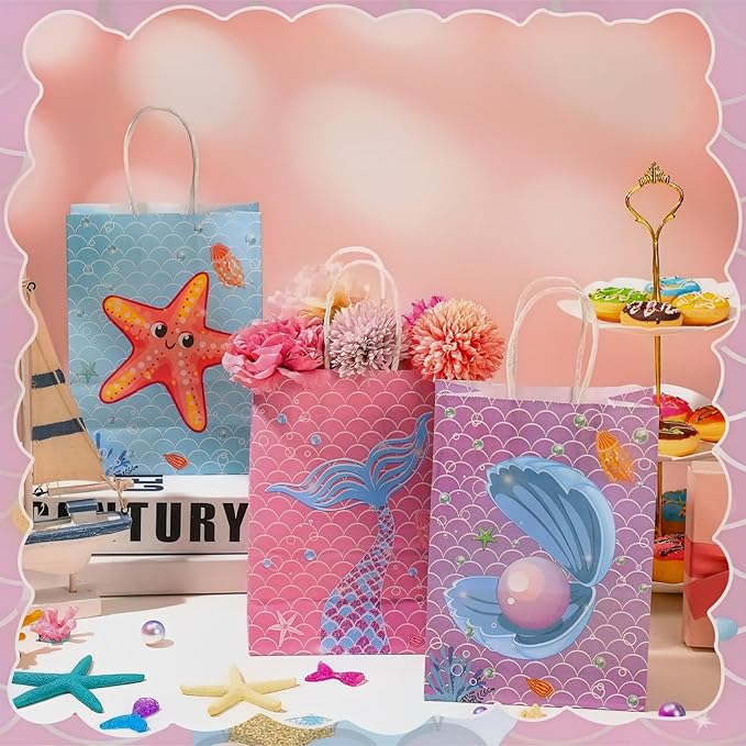 Outus 24 Pcs Mermaid Birthday Party Favor Bags Mermaid Gift Goodie Treat Candy Bags Under the Sea Gift Wrap for Kids Princess Baby Shower Party Supplies