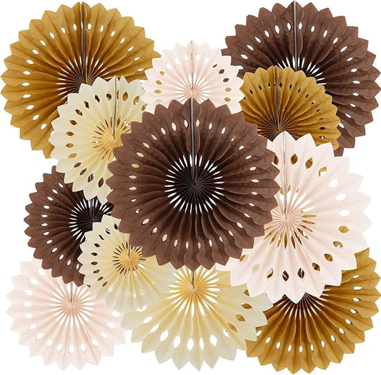 BEISHIDA Brown Tissue Hanging Honeycomb Round Paper Fans Decoration Set for Birthday Baby Shower Bachelorette Wedding Photo Booth Backdrops Anniversary Paper Party Supplies(12 Packs)