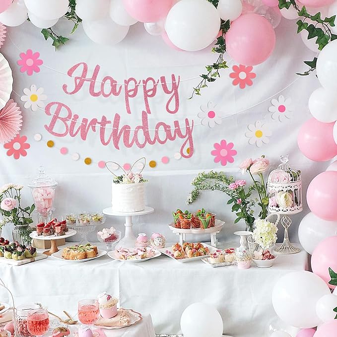 Pre-Strung Happy Birthday Banner, NO DIY Birthday Decorations with Circle Dot Garland and Flowers, Happy Birthday Party Decorations for Women Girls (Pink)