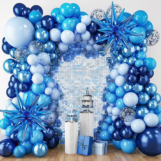 RUBFAC 140pcs Blue Balloon Garland Arch Kit, Metallic Blue Confetti Star Latex Navy Balloons for Winter Wonderland Baby Shower Birthday Christmas New Years Eve Graduation Anniversary Decorations