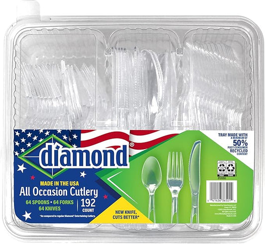 Diamond® Premium Clear Plastic Cutlery Set – 192 Count (64 Forks, 64 Spoons, 64 Knives), Full-Size, Disposable Utensils, Made in USA, Party & Event Essentials