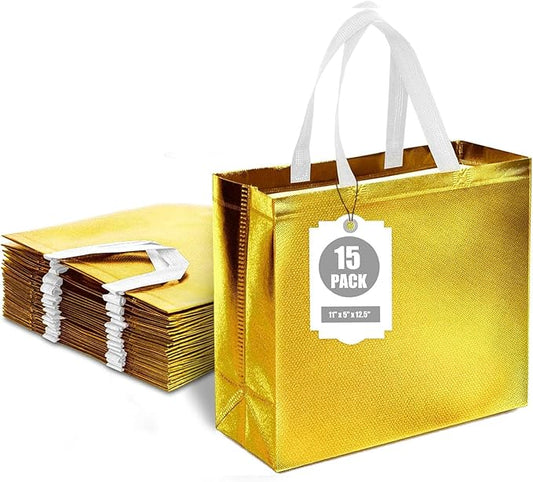 VGOODALL 15PCS Gold Gift Bags with Handles, 12.6 x 5 x 11 Reusable Large Party Favor Bags for Birthday, Wedding