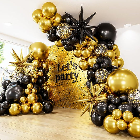 Black and Gold Balloon Arch Garland Kit - 130Pcs Black Gold Graduation Balloons with Glitter Confetti Balloons, Explosion Star Foil Balloon for Graduation Birthday Wedding Party Decorations