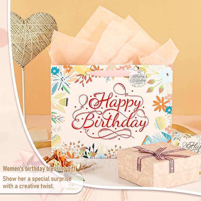 Powbrace 13" White Happy Birthday Gift Bag with Tissue Paper and Greeting Card for Patry, Happy Birthday Gift Bag for Women, Gift Bags Medium size(1 PCS Flower Gifts Bag)