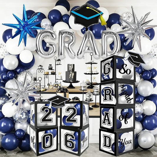 2026 Navy Blue Graduation Decorations,Balloon Garland Arch Kit with 4 GRADBalloon Boxes,Graduation Cap Decor for High School,College Graduation Party Supplies