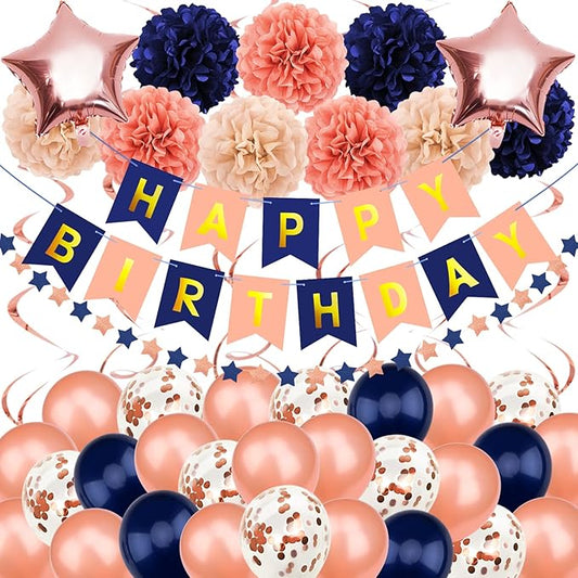 Rose Gold & Navy Blue Party Decorations - Happy Birthday Decorations with Banner for Women, Girls, Engagement & Anniversary Parties