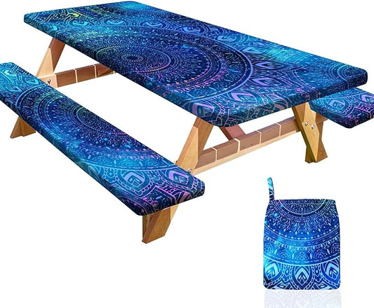 Picnic Table Cover with Bench Covers Portable Table Cloth Built-in Storage Pocket Fitted Tablecloth with Elastic Edges Waterproof Camping Essentials for Indoor Outdoor Rv,72in,Blue Purple